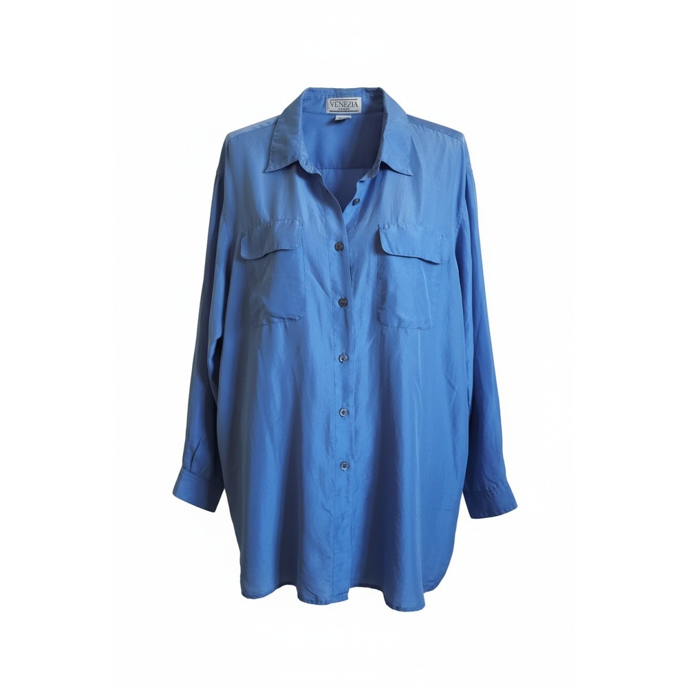 Venezia Vitale 18 20 1X Vintage Y2K 100%‎ Silk Button Up Shirt Blouse Blue